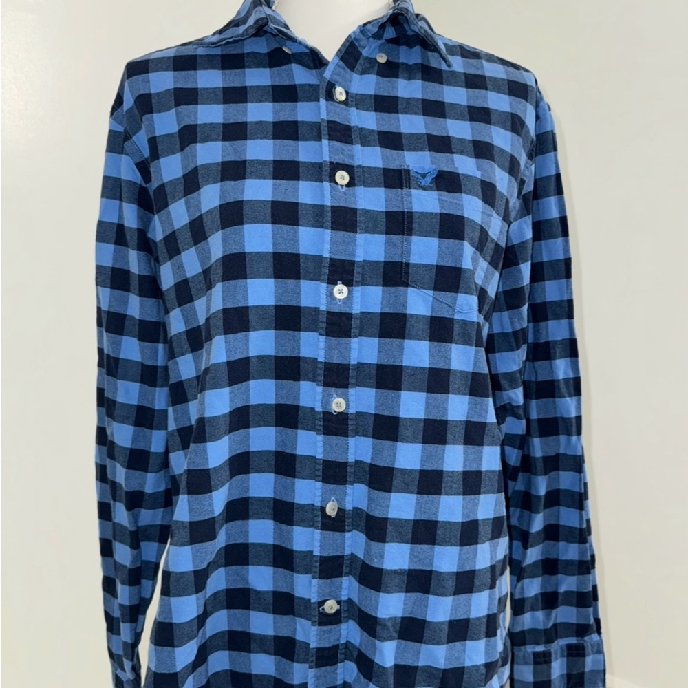 American Eagle Classic Fit Flannel Shirt Men’s Medium‎ Blue Black Check Plaid